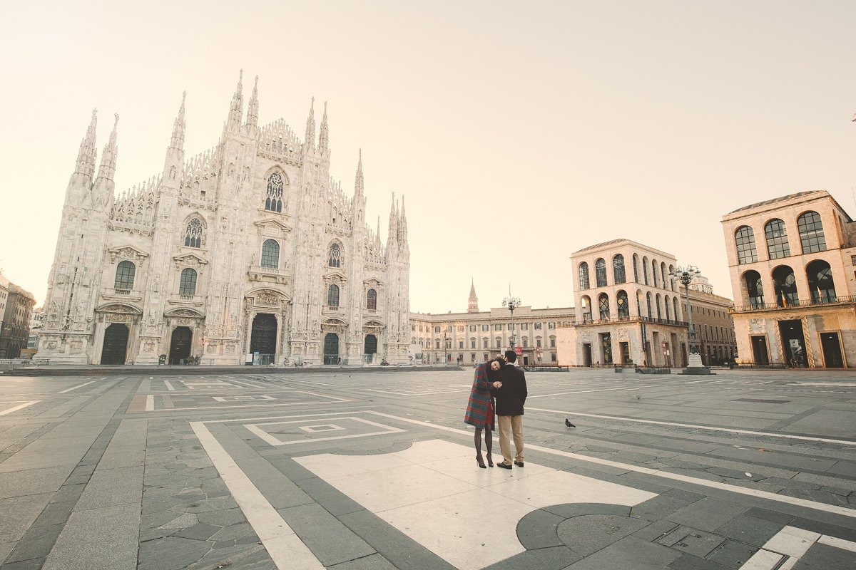 Destination wedding photographer in Milan. Bride and groom in front The Duomo