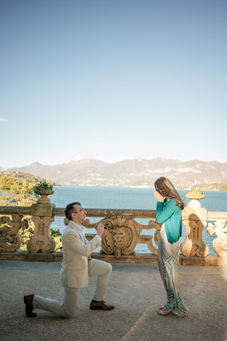 Emotional reaction during surprise marriage proposal Lake Como Villa del Balbianello
