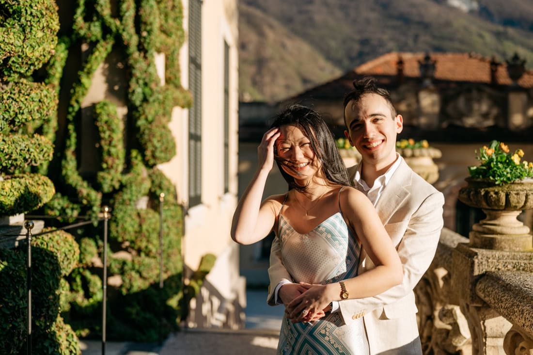 Emotional reaction during surprise marriage proposal Lake Como Villa del Balbianello