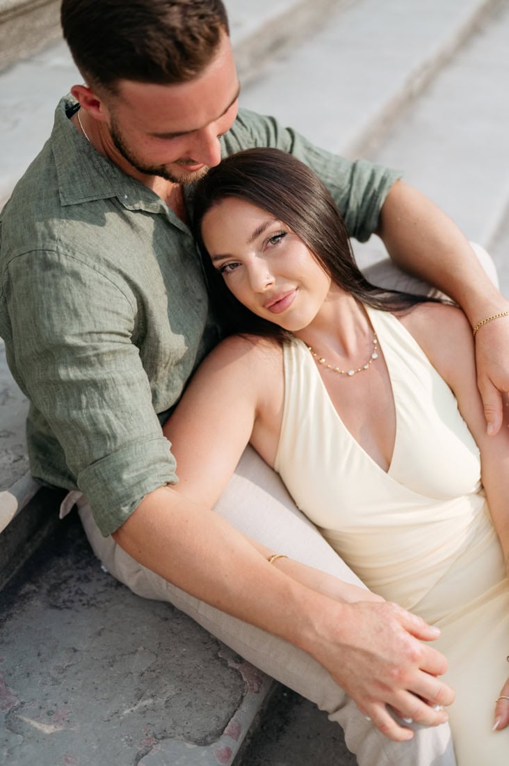 Romantic couple portrait in the historic streets of Bellagio Lake Como